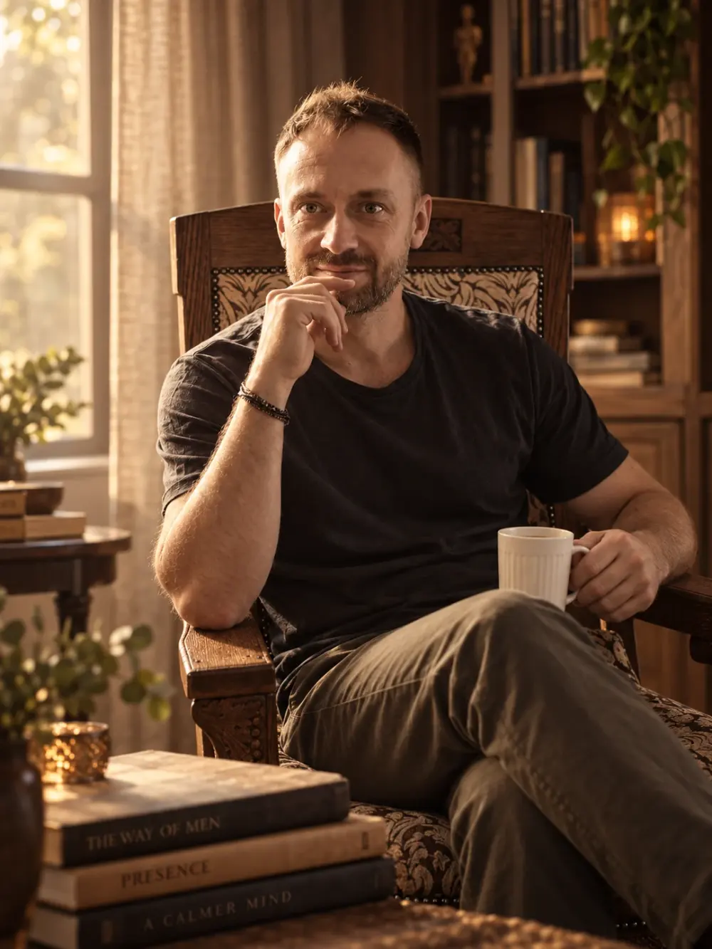 Алекс Ко с чашкой в тёплом интерьере с книгами